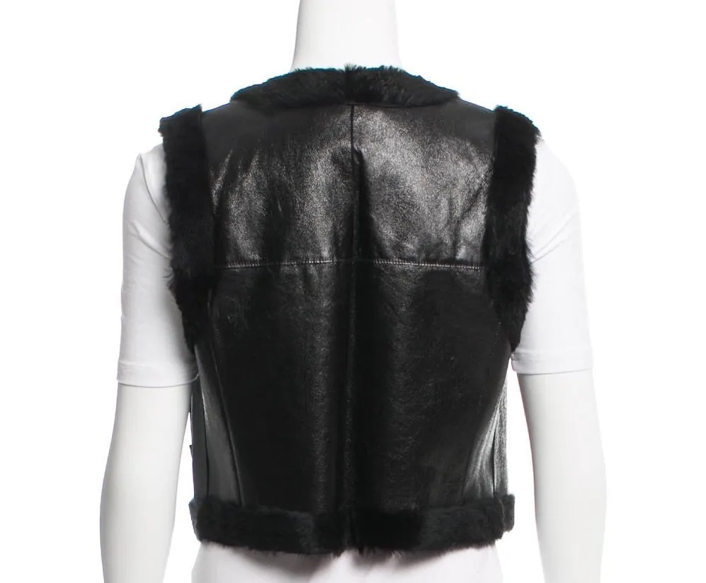 Chanel 05A 2005 Autumn Fall Leather Fur lined & Trimmed Cropped Short Vest FR 40 US 4/6/8