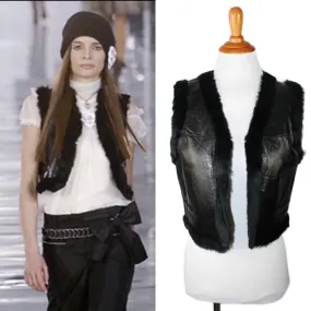 Chanel 05A 2005 Autumn Fall Leather Fur lined & Trimmed Cropped Short Vest FR 40 US 4/6/8