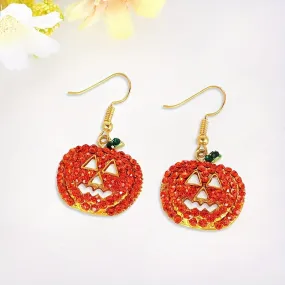 Halloween Pumpkin Design With Orange Shiny Rhinestone Decor Dangle Earrings Retro Simple Style Zinc Alloy Jewelry Female Gift LJH35