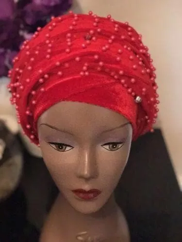 Red Fully Beaded  Double velvet Turban headwraps ....available in diff colour