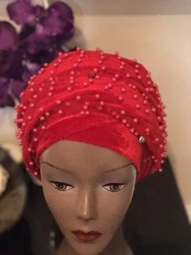 Red Fully Beaded  Double velvet Turban headwraps ....available in diff colour