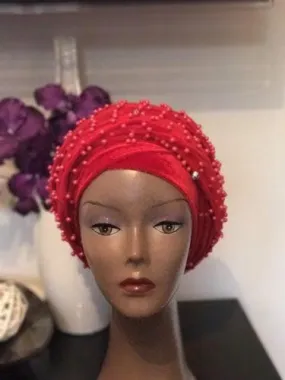 Red Fully Beaded  Double velvet Turban headwraps ....available in diff colour