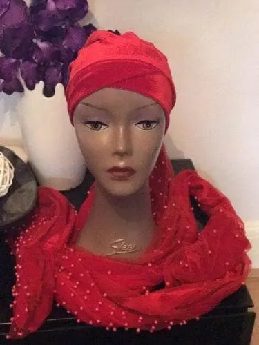 Red Fully Beaded  Double velvet Turban headwraps ....available in diff colour