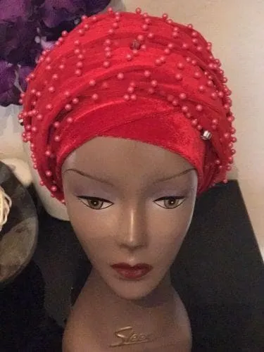 Red Fully Beaded  Double velvet Turban headwraps ....available in diff colour