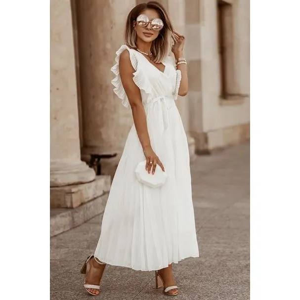 Ruffle Sleeve Pleated Dress - White