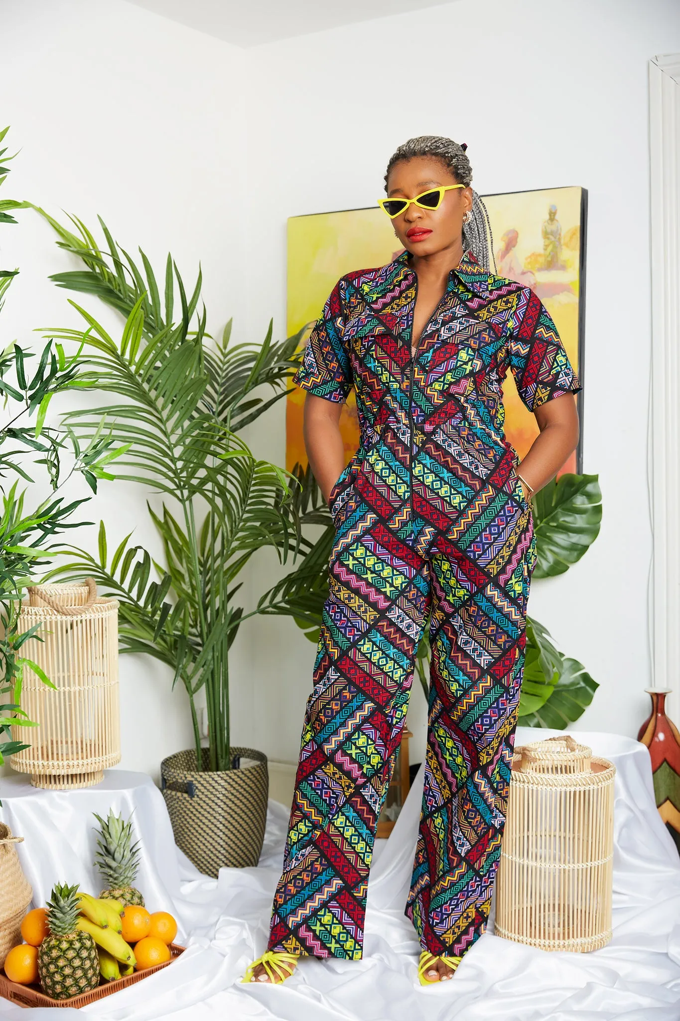 Short Sleeve Pink African Print  Cargo Pant Suit/Jumpsuit - Ozozia