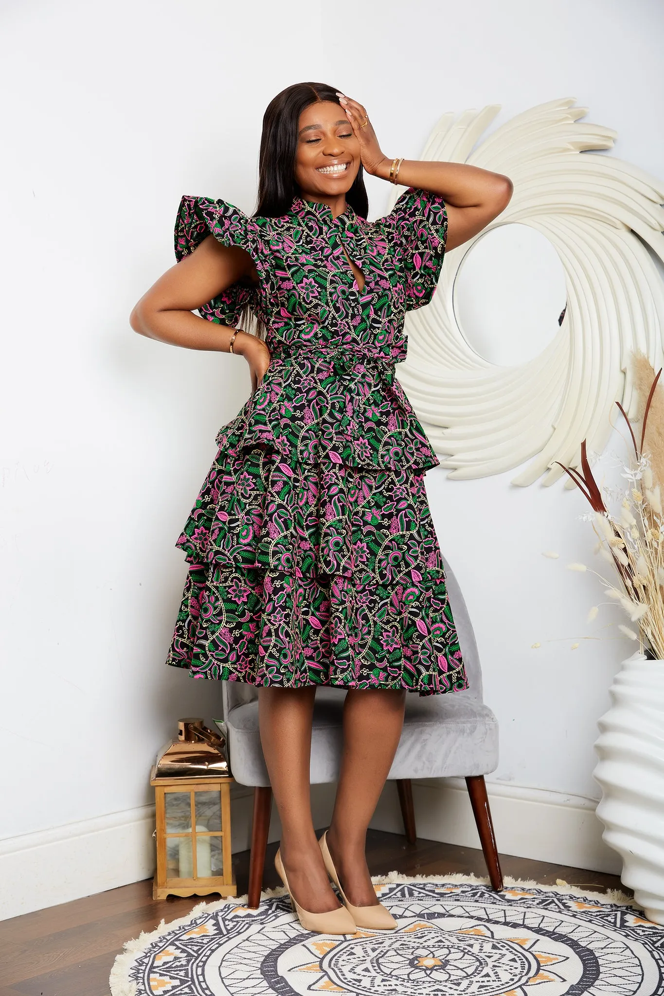 Tiered African Print Cotton Midi Dress with Exaggerated Sleeves - Zitechi