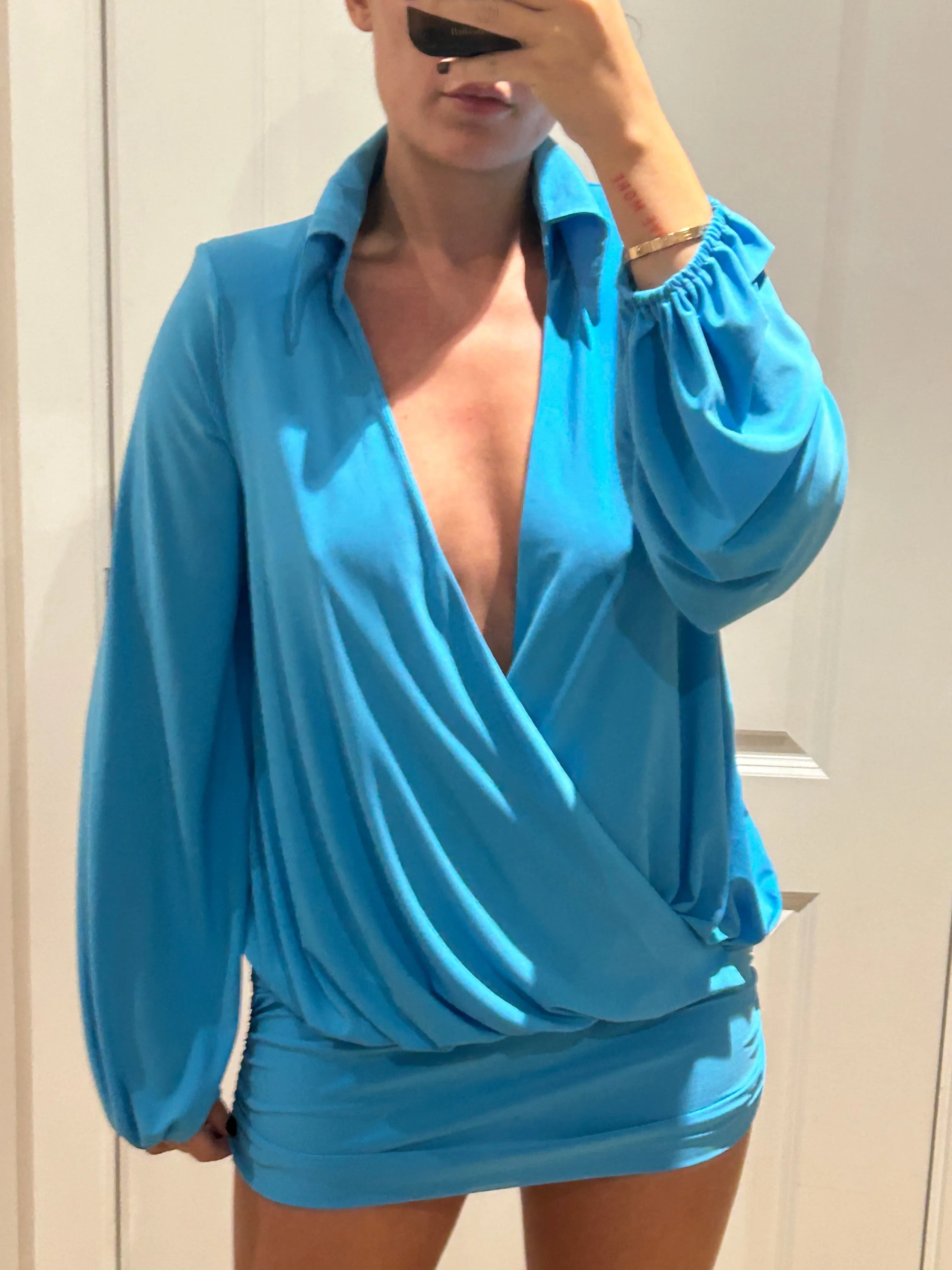 Turquoise V Neck Shirt Mini Dress