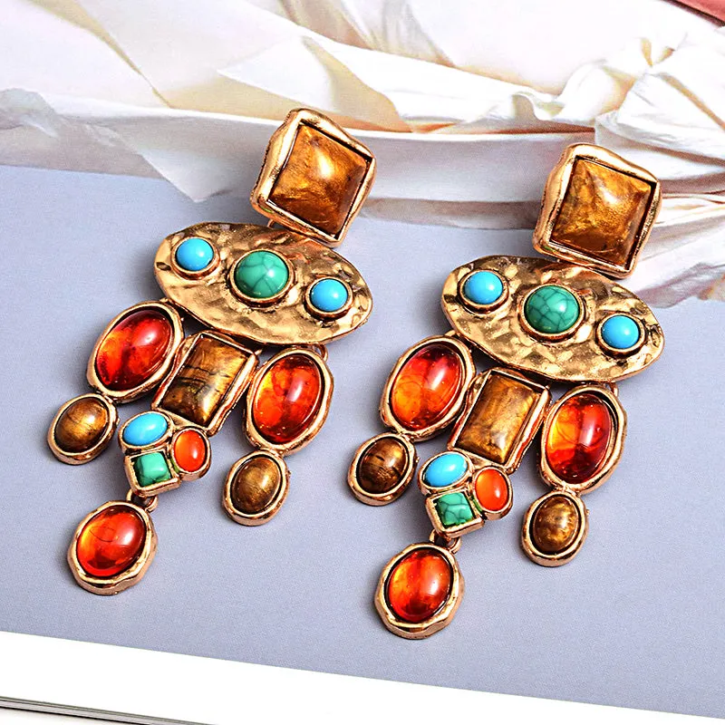 Vintage Metal Colourful Stone Drop Earrings - Adira