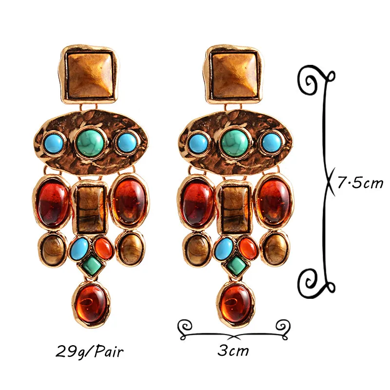 Vintage Metal Colourful Stone Drop Earrings - Adira